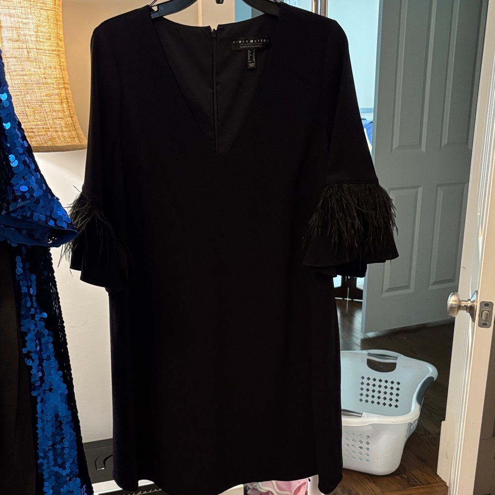 Aidan Mattox Black Dress with Feathered Sleeves